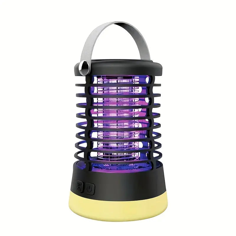 Farol antimosquitos negro con asa metálica y rejilla ultravioleta, sobre fondo blanco