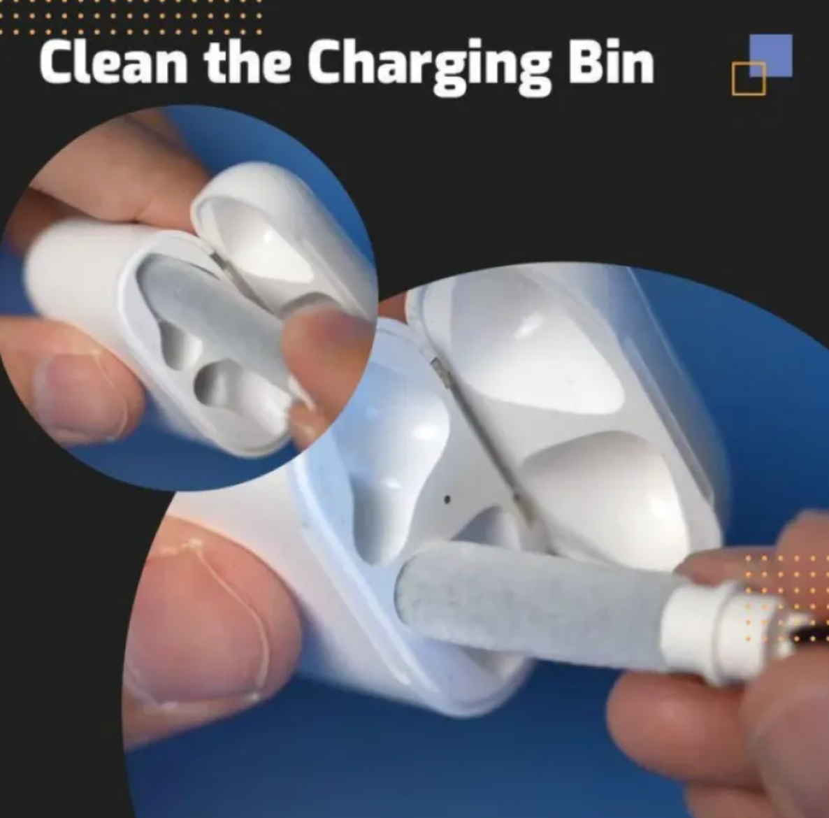 El extremo de felpa del lápiz limpiando el interior del estuche de carga de unos auriculares