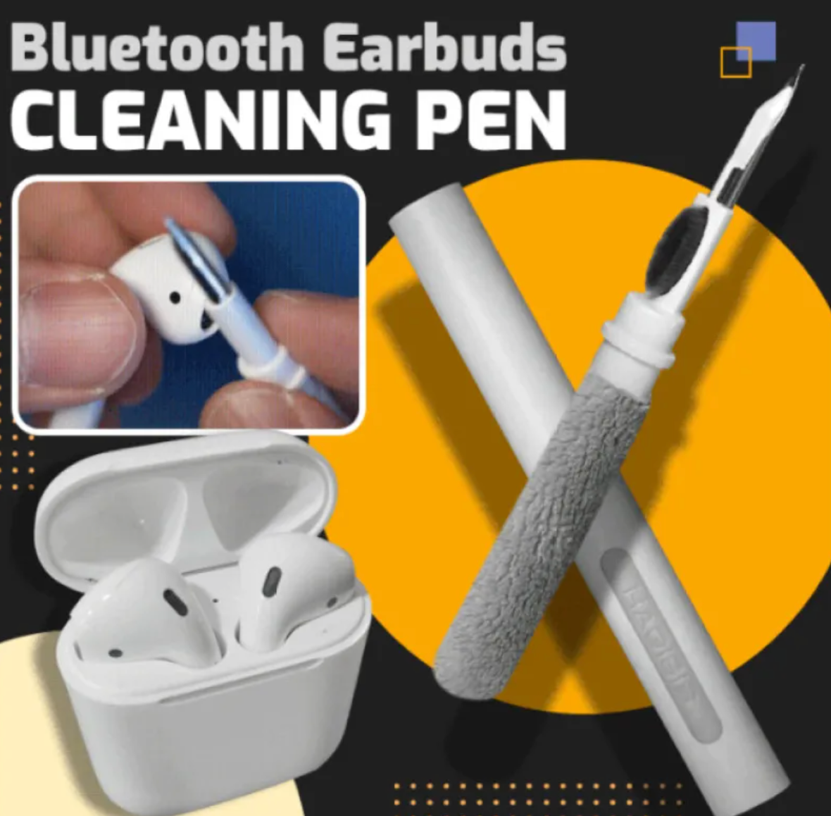 El lápiz limpiador abierto y cerrado, junto a unos auriculares inalámbricos blancos en su estuche