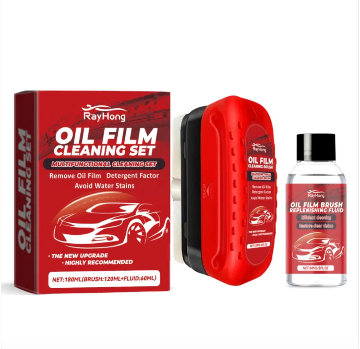Juego quita película de aceite: caja, aplicador rojo con tampón y frasco de recambio de 60 ml