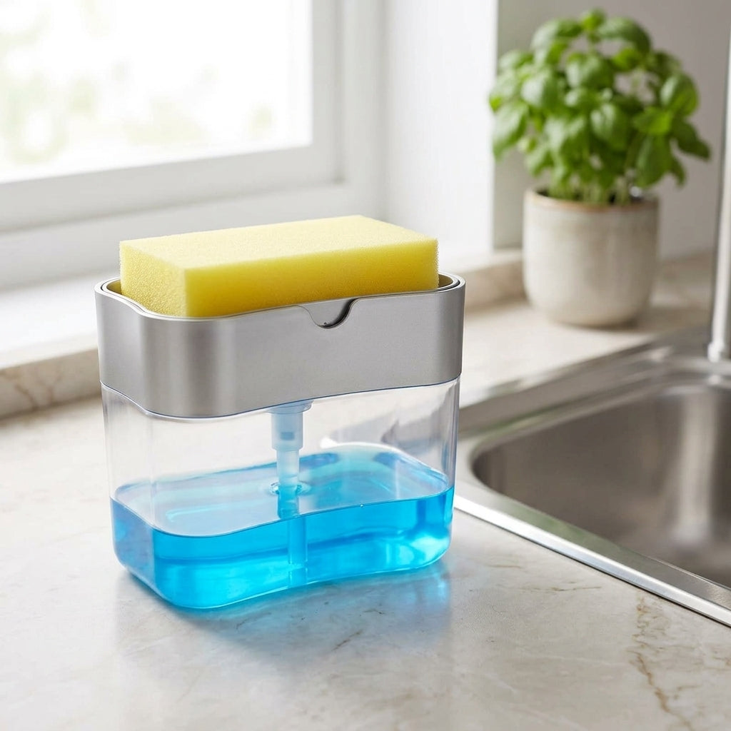 Dispensador de jabón con esponja sobre la encimera de una cocina, junto al fregadero