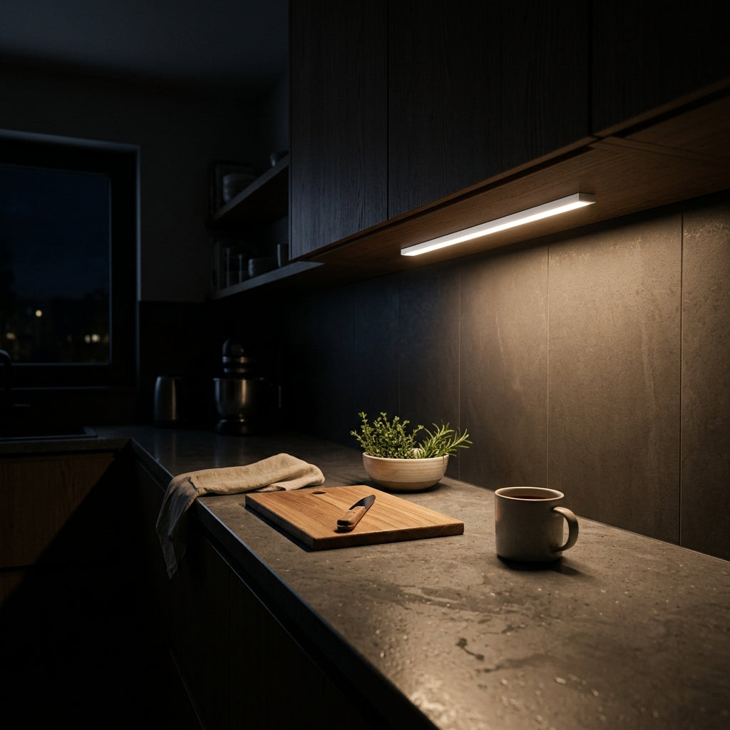 Barra LED encendida bajo un mueble alto de cocina, iluminando la encimera de noche