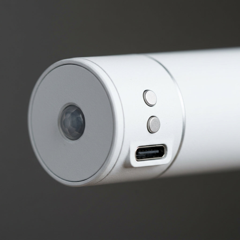 Detalle del extremo de la barra LED: el sensor de movimiento, los dos botones y el puerto de carga USB-C