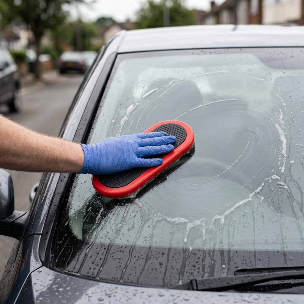 Una mano pasa el aplicador rojo por el parabrisas mojado de un coche